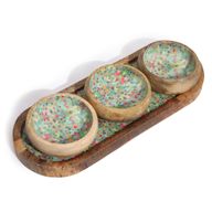 Mango Wood Tray with 3 Bowls - Mediterranean Tile Pattern