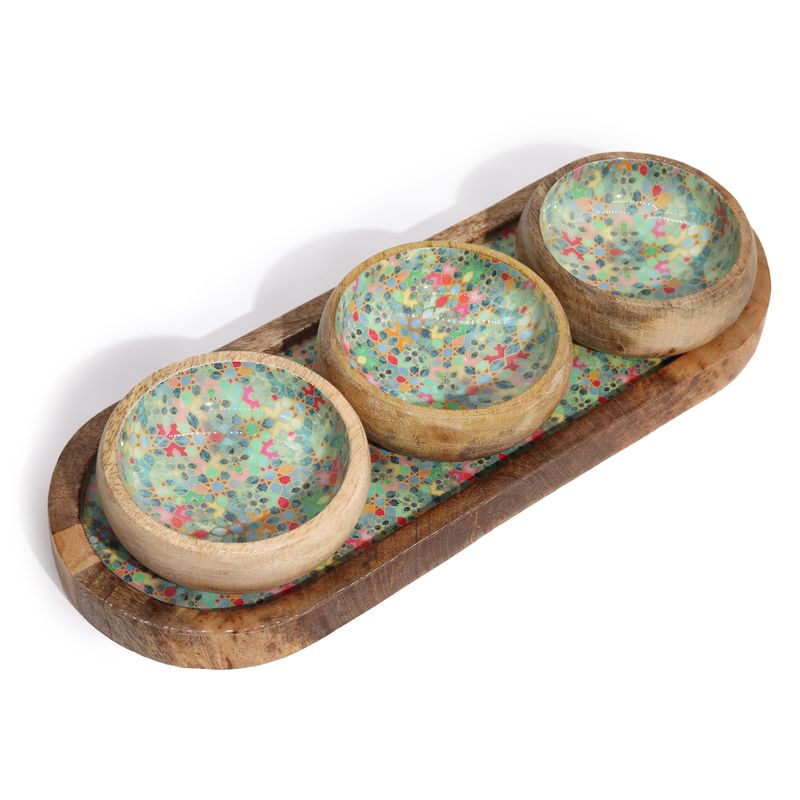 Mango Wood Tray with 3 Bowls - Mediterranean Tile Pattern