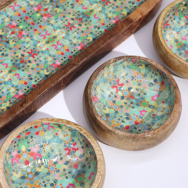 Mango Wood Tray with 3 Bowls - Mediterranean Tile Pattern
