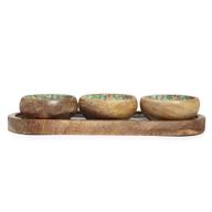 Mango Wood Tray with 3 Bowls - Mediterranean Tile Pattern