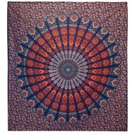Double Cotton Bedspread + Wall Hanging - Peacock Mandala - Blue