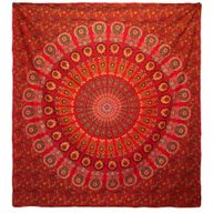 Double Cotton Bedspread + Wall Hanging - Peacock Mandala - Red