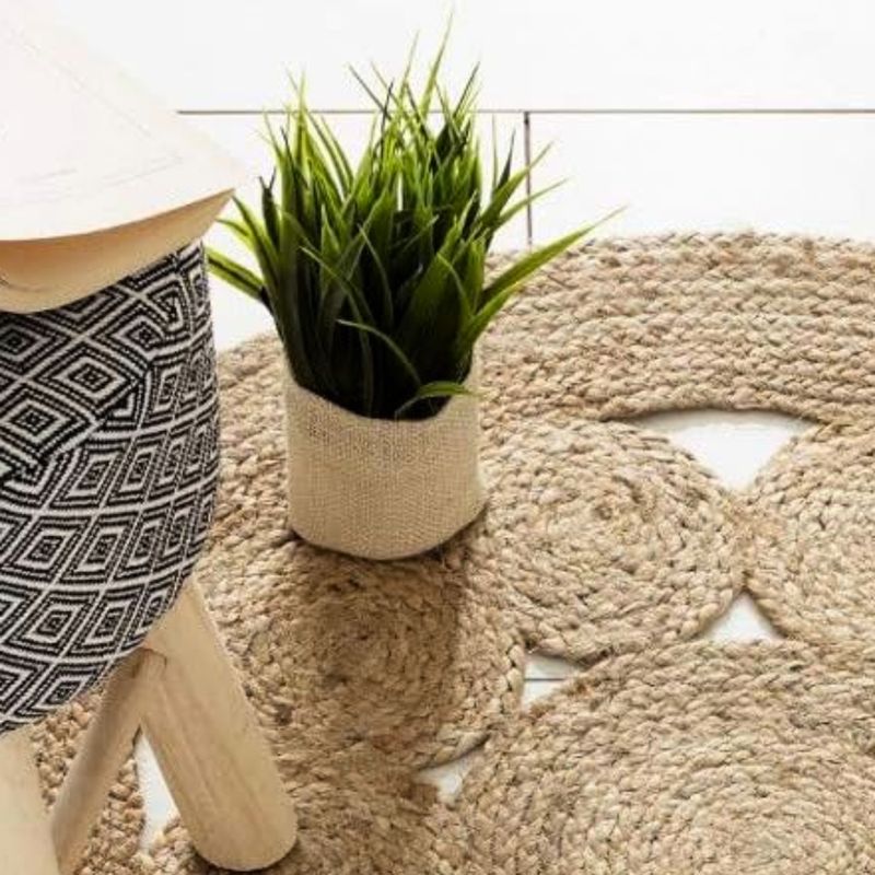 Lrg Round Soft Jute Rug Circles Inside - 120cm