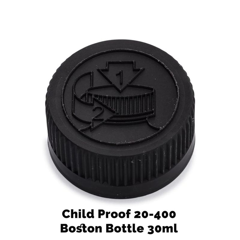Cap for Amber Boston Bottle Child Resistant 20mm (for 30ml - 60ml) - Black Plastic