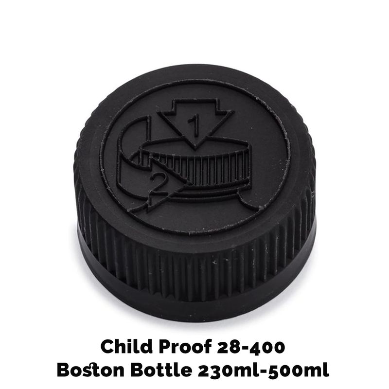 Cap for Amber Boston Bottle Child Resistant 28mm (for 230ml & 500ml) - Black Plastic