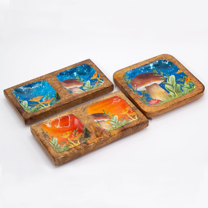 Big Enamelled Square Trinket Tray 15x15x2.5cm - Mushroom Design Teal