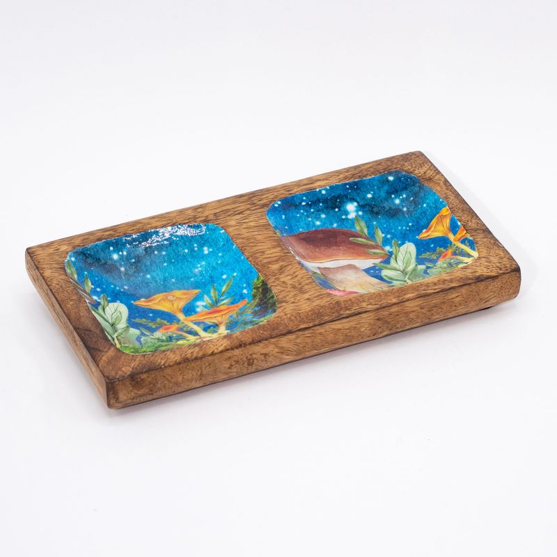 Enamelled Double Trinket Tray 20x10x2.5cm - Mushroom Design Teal