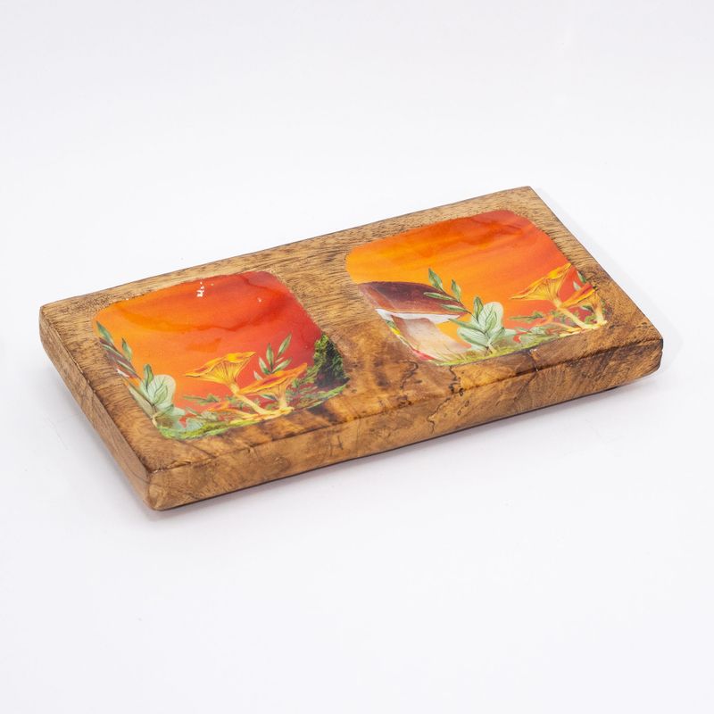 Enamelled Double Trinket Tray 20x10x2.5cm - Mushroom Design Maroon