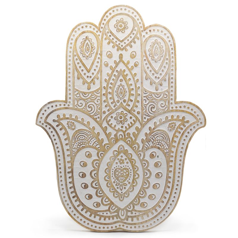 Mango Wood Hamsa Wall Plaque - Whitewash - 52cm