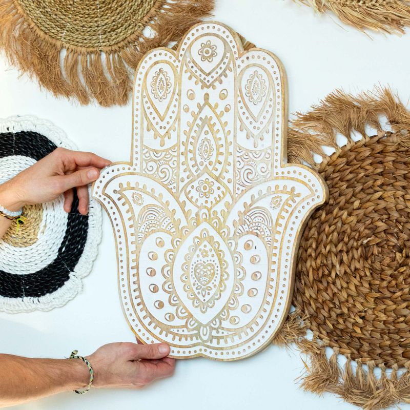 Mango Wood Hamsa Wall Plaque - Whitewash - 52cm