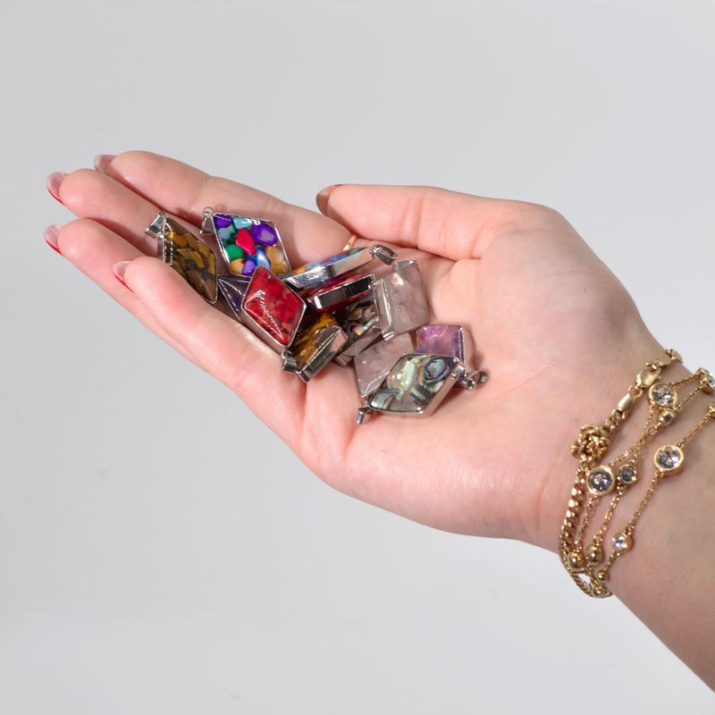 Steel Cased Pendant Diamonds - 12 Assorted Gemstone Chips & Shells