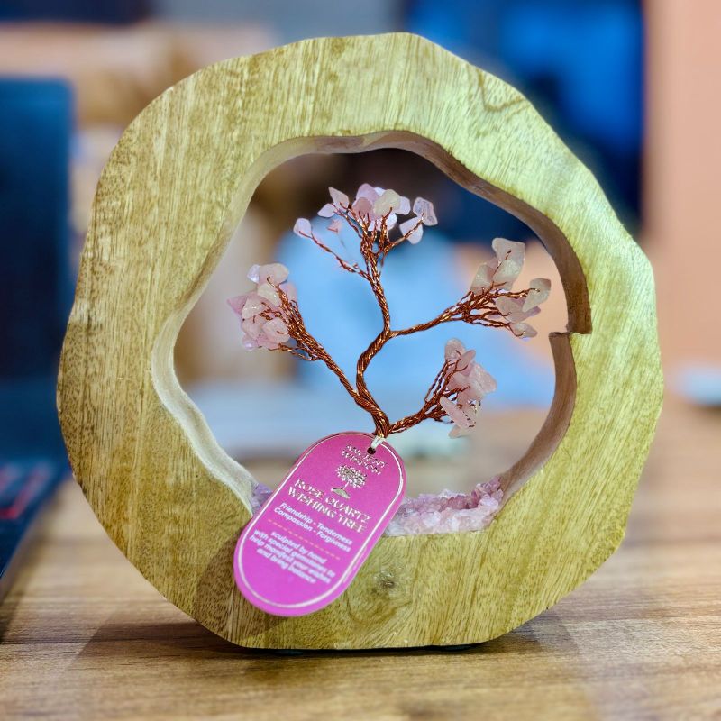 Rose Quartz Gemstone Tree Garden in Mango Wood Ring - 60 Stones