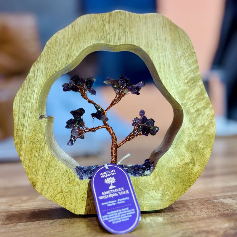 Amethyst Gemstone Tree Garden in Mango Wood Ring - 60 Stones