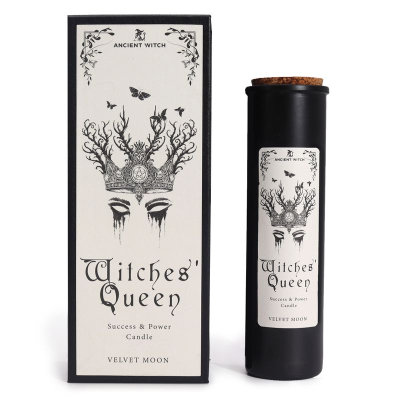 Witches’ Queen Ancient Witch ritual candle and matching gift box, front view