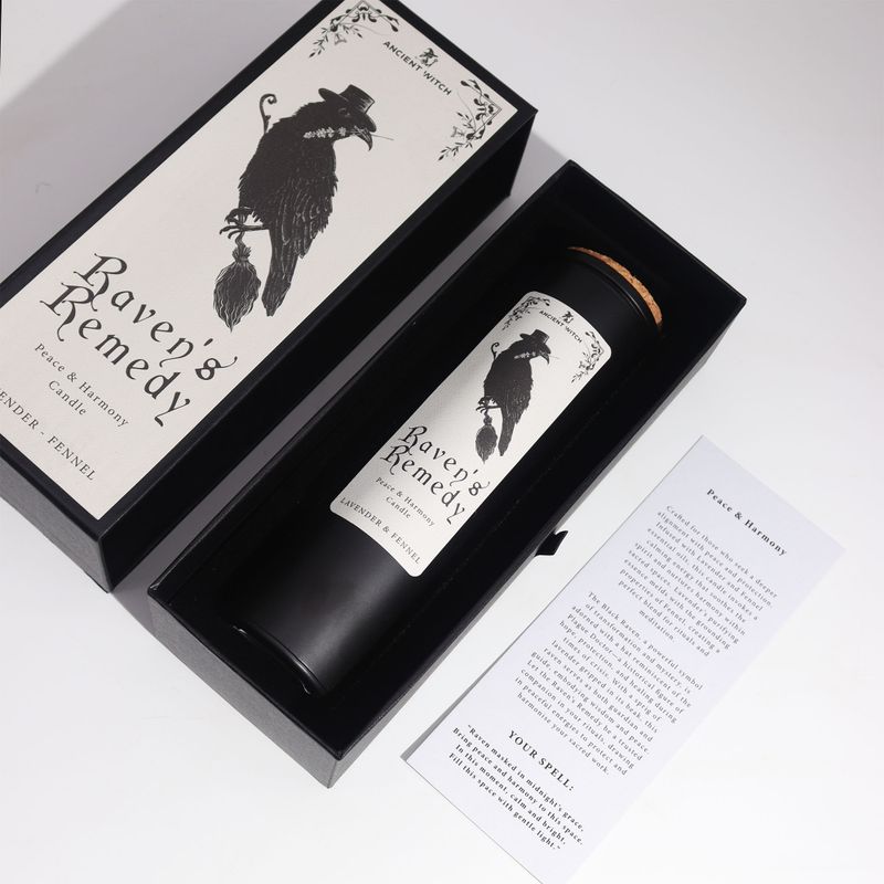 Raven's Remedy black candle with cork lid inside its gift box