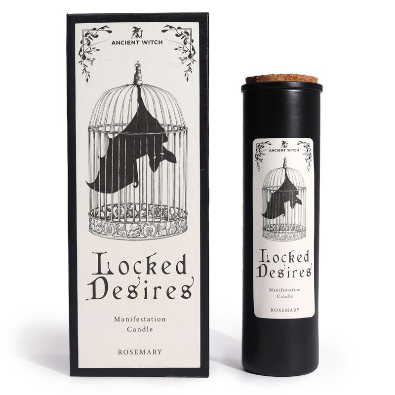 Locked Desires Ancient Witch ritual candle and matching gift box, front view