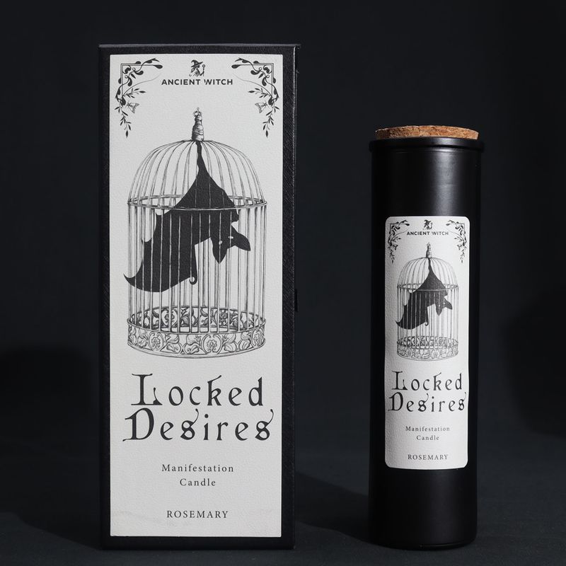 Locked Desires ritual candle and caged-bat gift box on a black background
