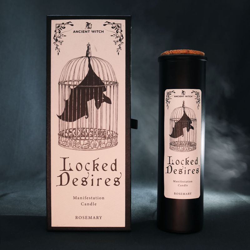 Locked Desires ritual candle displayed with its illustrated packaging