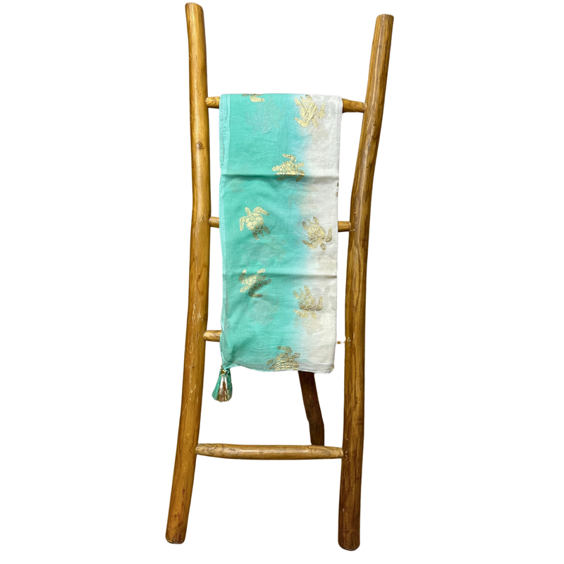 White & Turquoise Gold Turtle Handpainted Nomad Sari Pario