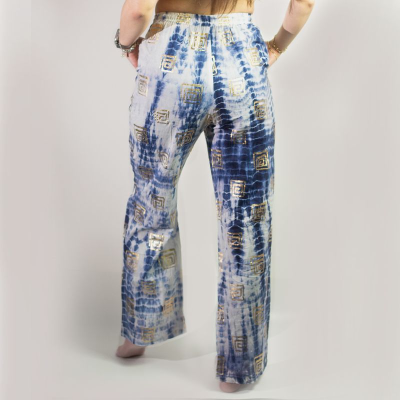 Gold & Blue Greek Motif M/L Handpainted Nomad Sari Pants