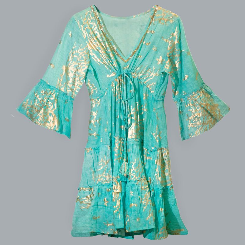 Turquoise & Gold Coral M/L Handpainted Nomad Sari Dress