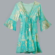 Turquoise & Gold Coral M/L Handpainted Nomad Sari Dress