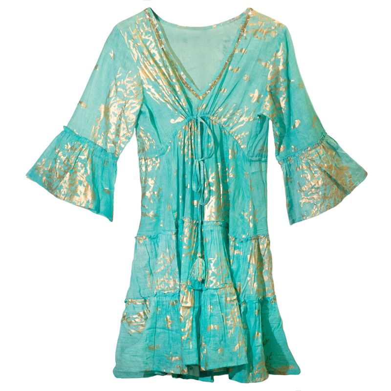 Turquoise & Gold Coral M/L Handpainted Nomad Sari Dress