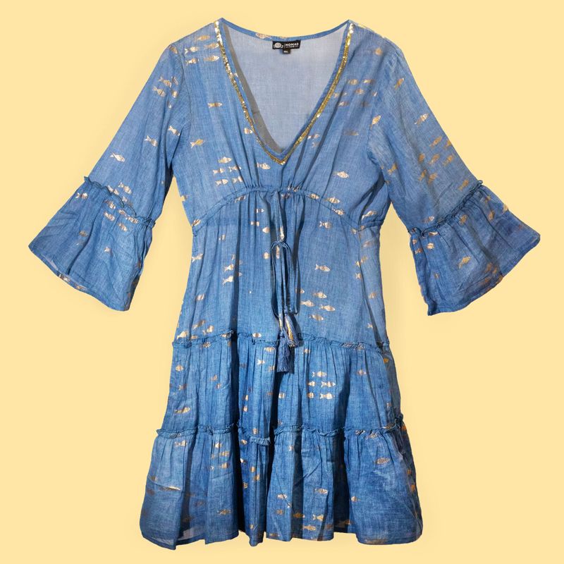 Sea Blue & Gold Fish M/L Handpainted Nomad Sari Dress