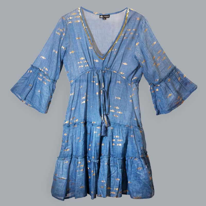 Sea Blue & Gold Fish M/L Handpainted Nomad Sari Dress