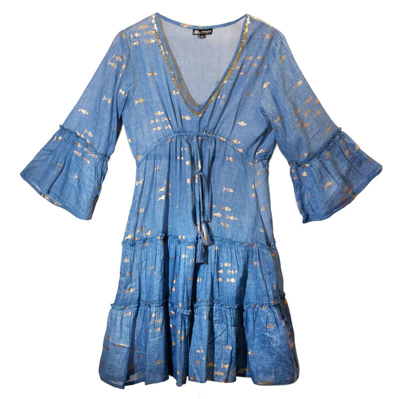 Sea Blue & Gold Fish M/L Handpainted Nomad Sari Dress