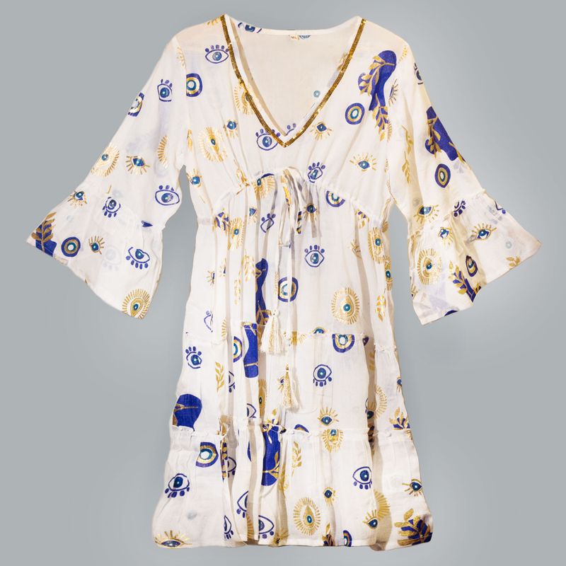 White, Blue & Gold Evil Eye M/L Handpainted Nomad Sari Dress