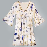 White, Blue & Gold Evil Eye M/L Handpainted Nomad Sari Dress