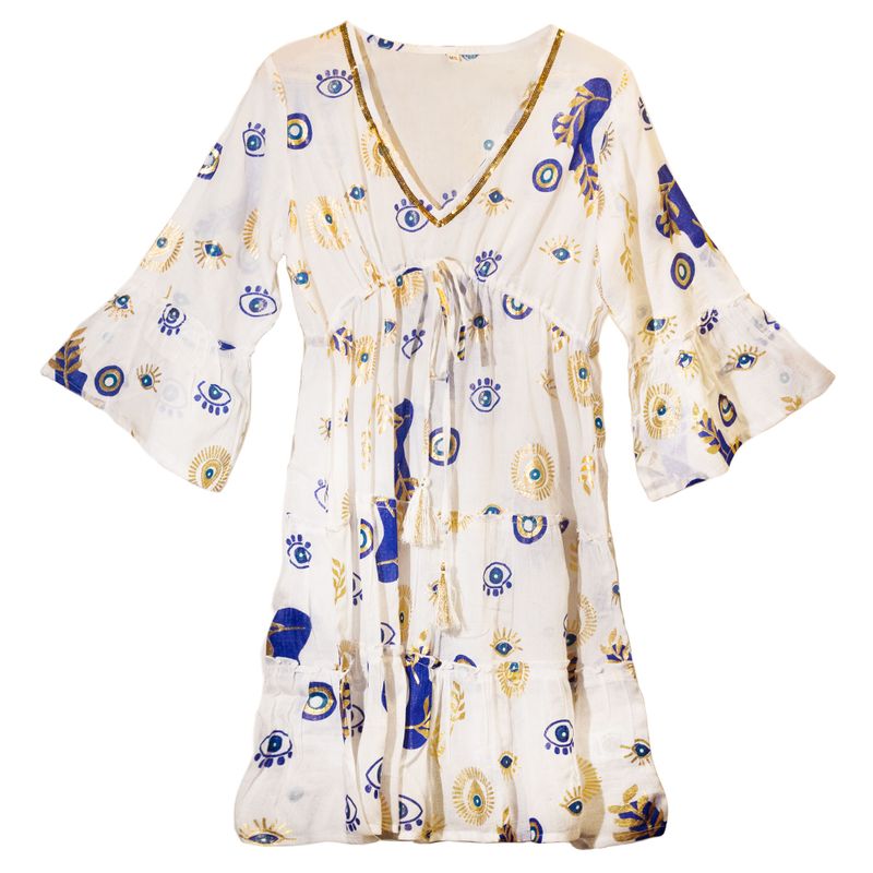 White, Blue & Gold Evil Eye M/L Handpainted Nomad Sari Dress