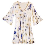 White, Blue & Gold Evil Eye M/L Handpainted Nomad Sari Dress