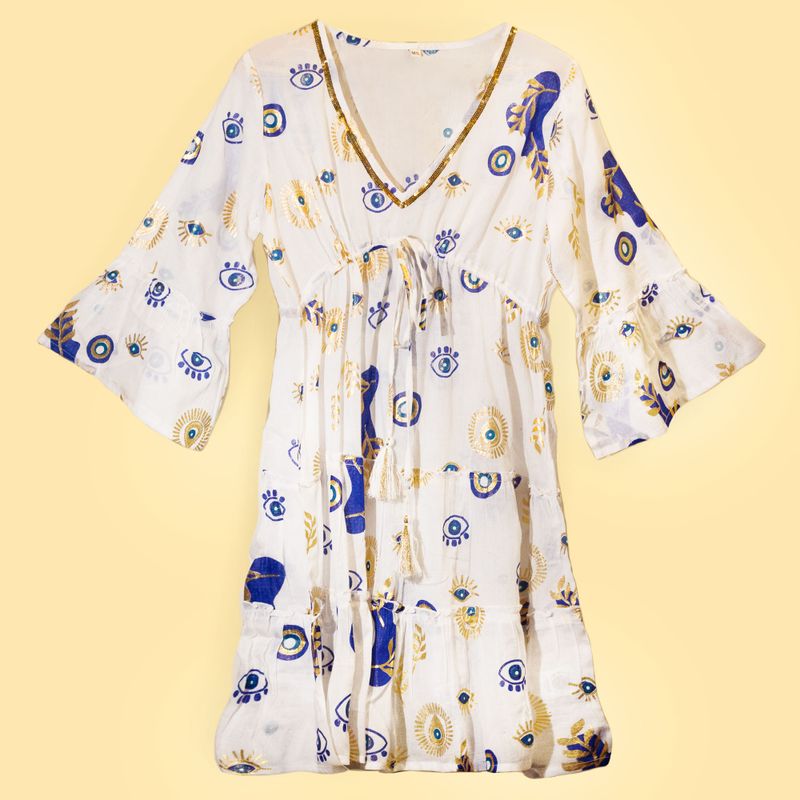 White, Blue & Gold Evil Eye M/L Handpainted Nomad Sari Dress