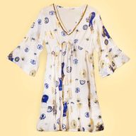 White, Blue & Gold Evil Eye M/L Handpainted Nomad Sari Dress