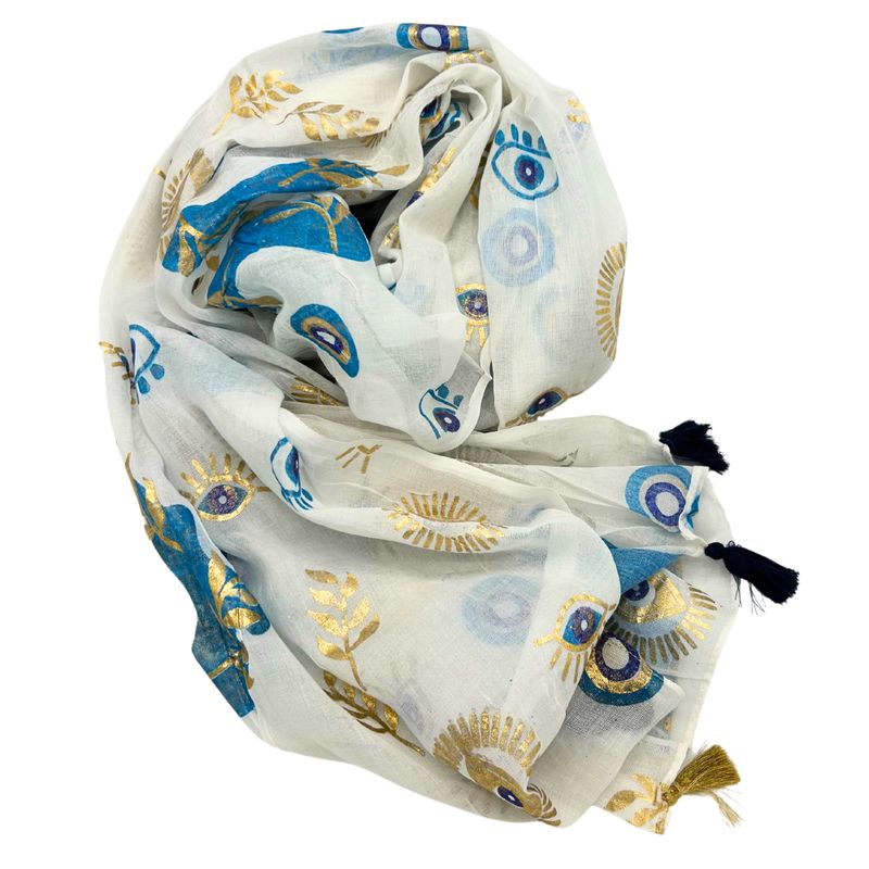 White, Blue & Gold Evil Eye Handpainted Nomad Sari Pario