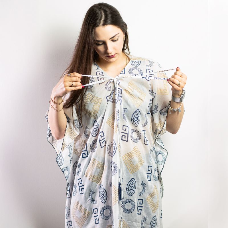 Gold & Blue Greek Motif Handpainted Nomad Sari Kaftan