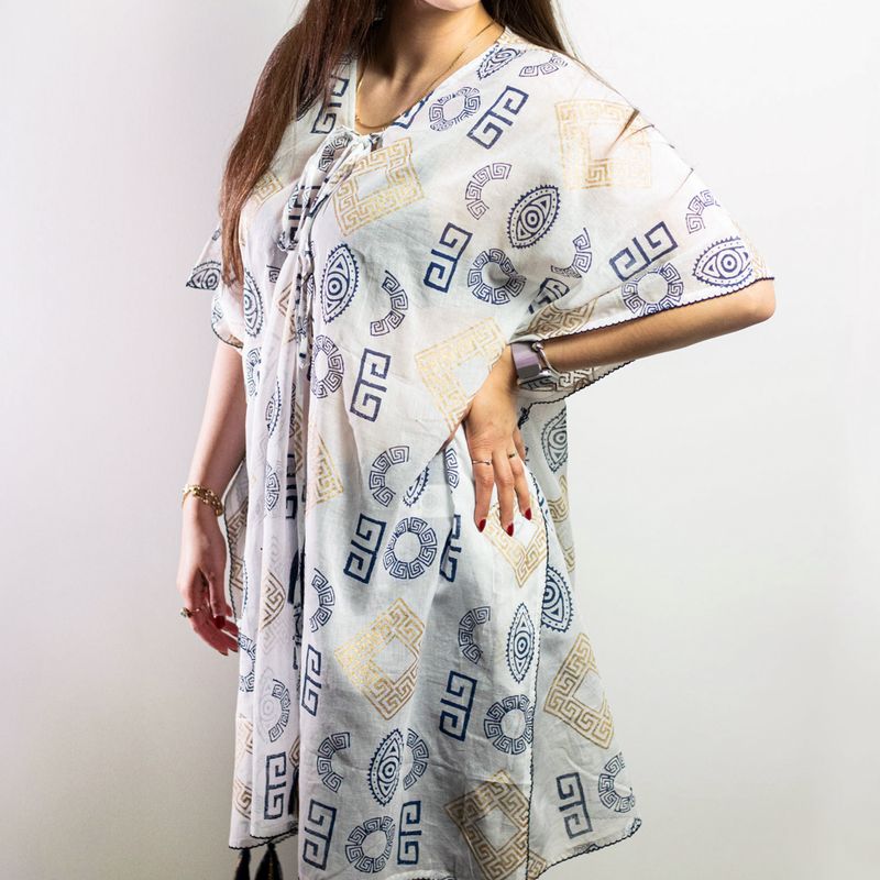 Gold & Blue Greek Motif Handpainted Nomad Sari Kaftan