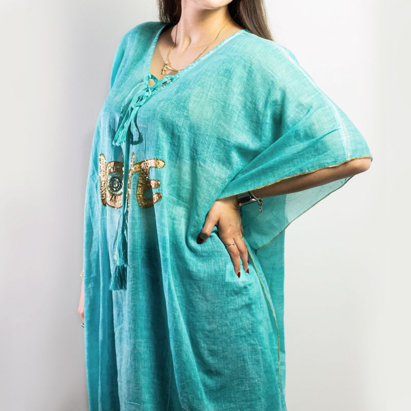 Turquoise & Gold Love Handpainted Nomad Sari Kaftan