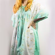 White, Turquoise & Gold Fish Handpainted Nomad Sari Kaftan