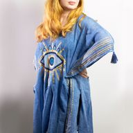 Rich Blue & Gold Evil Eye Handpainted Nomad Sari Kaftan