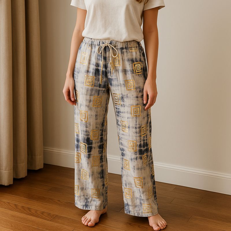 Gold & Blue Greek Motif M/L Handpainted Nomad Sari Pants