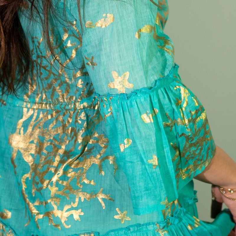 Turquoise & Gold Coral M/L Handpainted Nomad Sari Dress