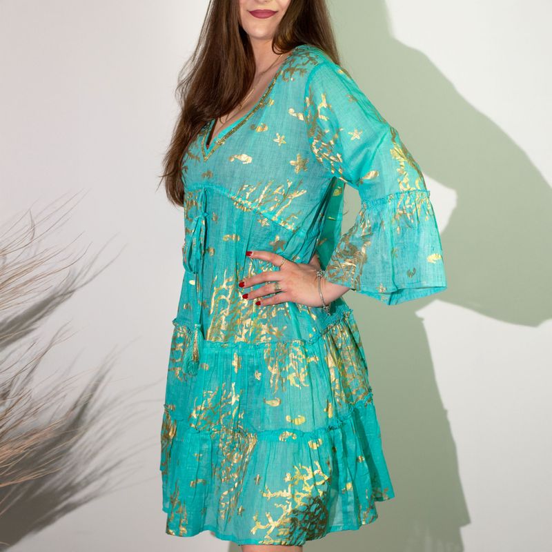 Turquoise & Gold Coral M/L Handpainted Nomad Sari Dress