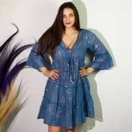 Sea Blue & Gold Fish M/L Handpainted Nomad Sari Dress
