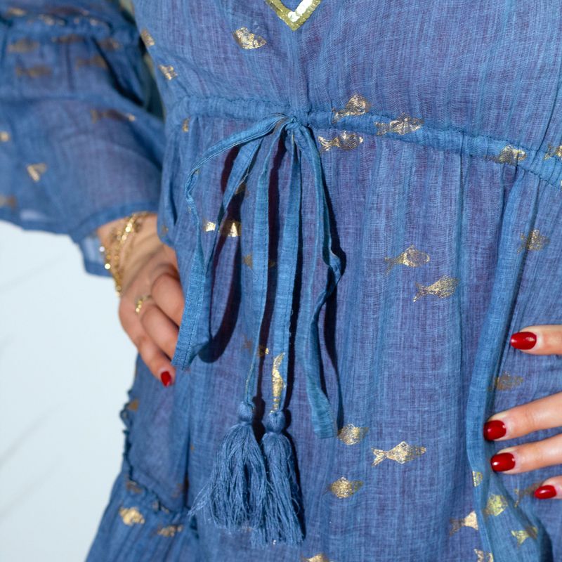Sea Blue & Gold Fish M/L Handpainted Nomad Sari Dress