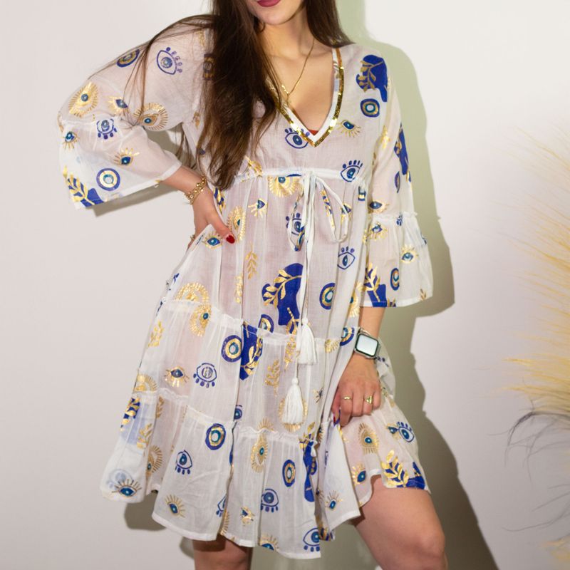 White, Blue & Gold Evil Eye M/L Handpainted Nomad Sari Dress