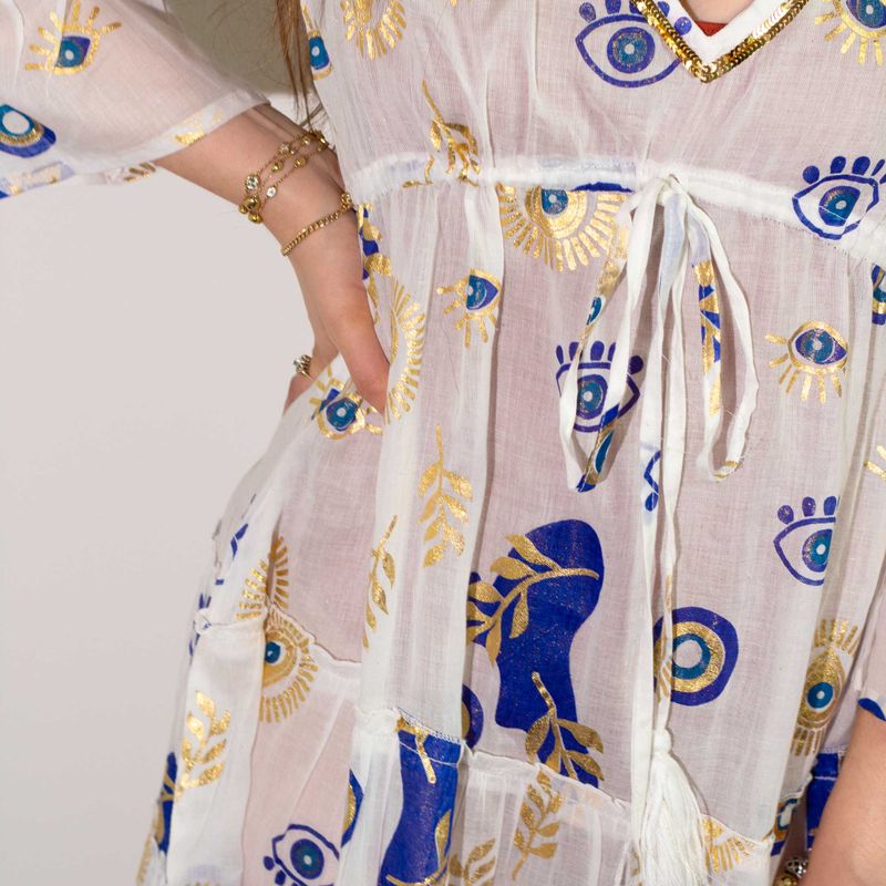 White, Blue & Gold Evil Eye M/L Handpainted Nomad Sari Dress