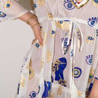 White, Blue & Gold Evil Eye M/L Handpainted Nomad Sari Dress